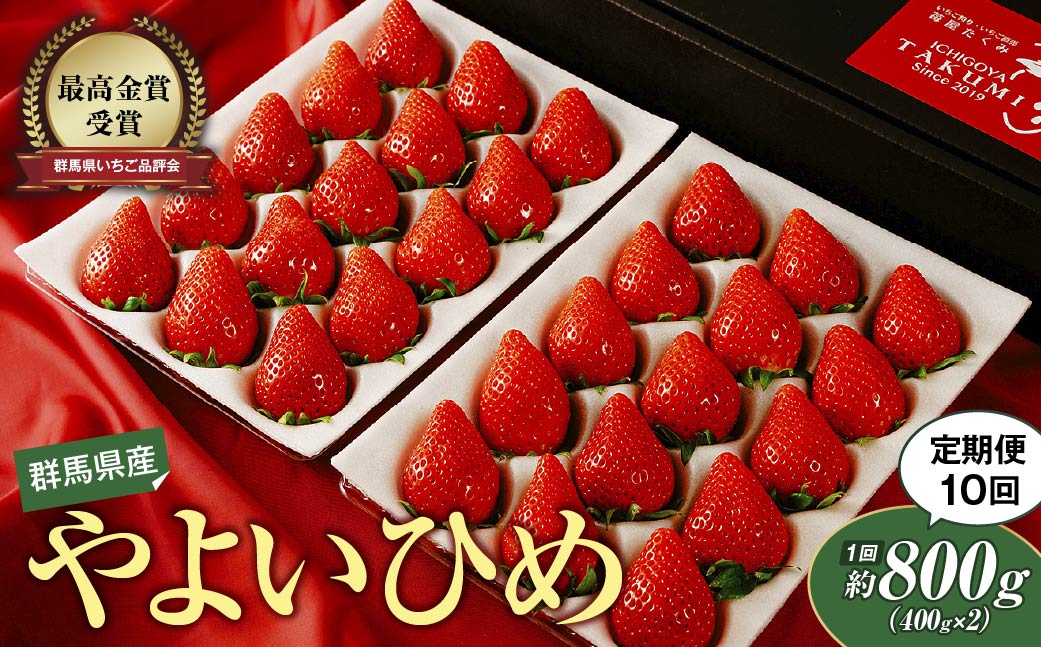 いちご 定期便 10回分 やよいひめ 約800g【群馬県いちご品評会最高金賞受賞！】2027年 先行予約｜朝採れ やみつき高品質 たっぷり 贈答用 新鮮 完熟 いちご 旬 苺 ストロベリー 高級 大粒 産地直送 果汁 甘い あまい 人気 高評価 減農薬 有機肥料 高糖度 ごほうび プレゼント 群馬県 前橋市