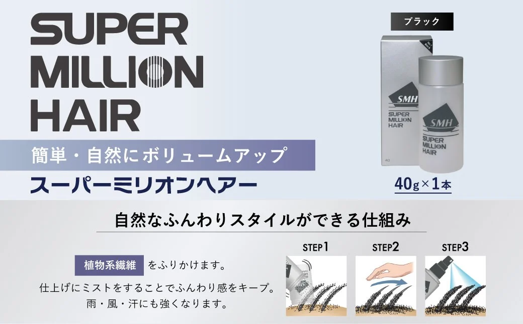 p-12スーパーミリオンヘアー（増毛パウダー）1本（40g)No.1ブラック｜ 男女兼用 ルアン SUPER MILLION HAIR ボリュームアップ 男性用 女性用 メンズ レディース ヘアケア 薄毛隠し 白髪隠し カバー 対策 手軽 増毛剤 粉