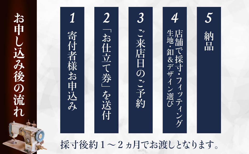 オーダースーツ 老舗テーラーが仕立てるオーダースーツお仕立て券 50,000円 （5年間有効） | 仕立券 チケット オーダースーツ オーダーメイド オーダー シャツ ワイシャツ 高級 スーツ 国産生地 ビジネス 日本製 ギフト 記念 父の日 フランス イタリア 日本製 紳士服 ビジネス 補助券 高級スーツ テーラーメイド カスタムスーツ 群馬県 前橋市
