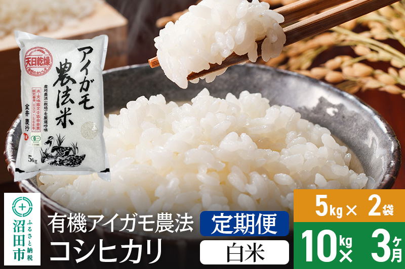 【白米】《定期便3回》11月上旬以降発送 令和6年産 有機アイガモ農法コシヒカリ 10kg（5kg×2袋） 金井農園