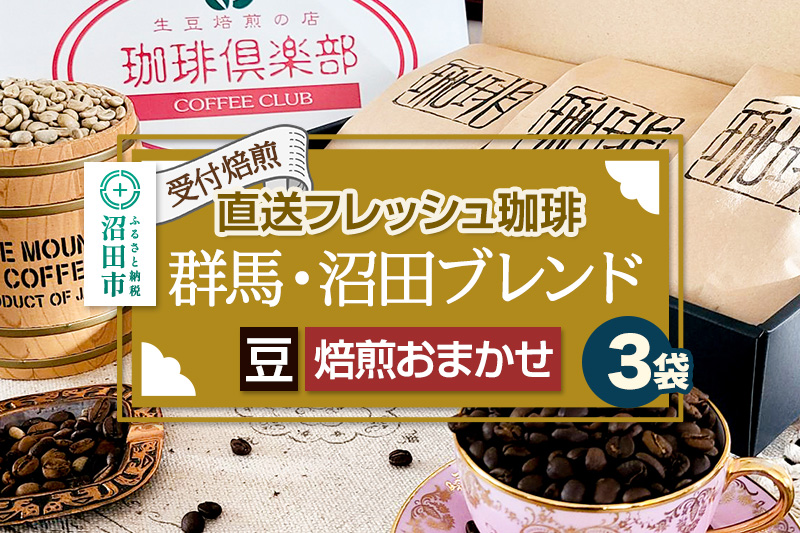 《受付焙煎》直送フレッシュ珈琲 群馬・沼田ブレンド【豆／焙煎度合いの指定はできません】各200g×3種 計600g 珈琲倶楽部 沼田店