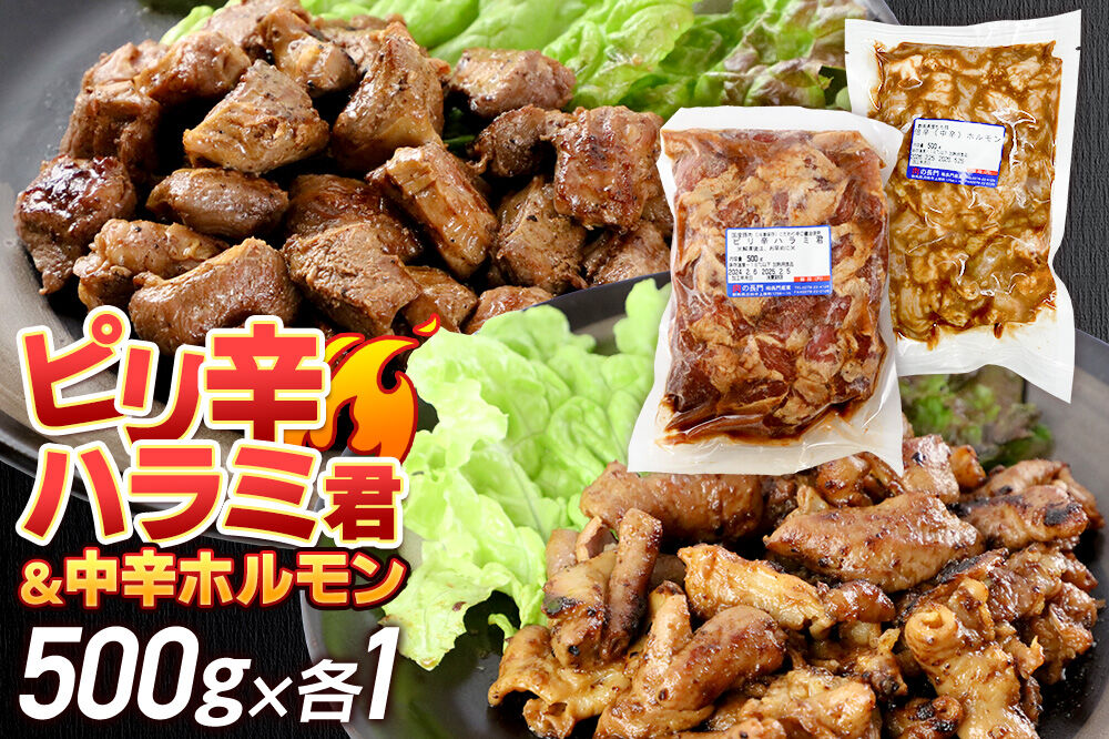 群馬県産 ピリ辛ハラミ君＆もち豚中辛ホルモンセット 約1.0kg（約500g×各1）豚肉 沼田市 特産品 肉の長門 [モチ もち ブタ ぶた 肉 ほるもん バラエティ 食べ比べ 味比べ]