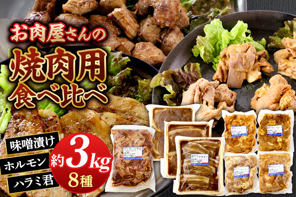 群馬県産 肉の長門 お肉屋さんの焼き肉用食べ比べセット 計約3kg（味噌漬け3種、ホルモン4種、ピリ辛ハラミ君）豚肉 沼田市 特産品 [モチ もち ブタ ぶた ろーす モモ バラ ホルモン ハラミ 肉 もっちり ボリューム たっぷり 辛い]
