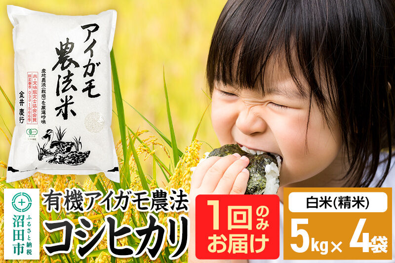 【白米】令和7年産 有機アイガモ農法コシヒカリ 20kg（5kg×4袋）金井農園 [こしひかり コシヒカリ 白米 精米 お米 1回だけ 1回のみ]