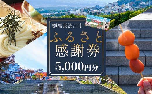 渋川市ふるさと感謝券 5,000円分（1000円×5枚） 伊香保温泉 うどん 宿泊 旅行 観光 ホテル 旅館 トラベル 飲食 お土産 F4H-0556