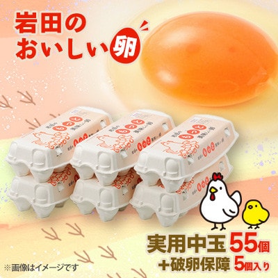 岩田のおいしい卵　実用中玉55個+破卵保障5個 (10個入り×6パック)【配送不可地域：離島】【1081154】