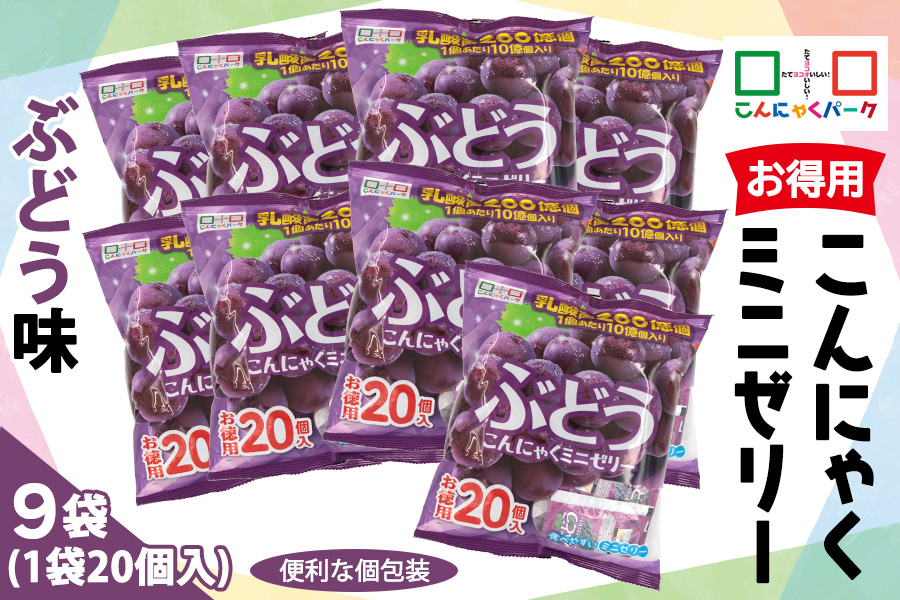 こんにゃくパーク「お得用こんにゃくミニゼリー (ぶどう味)」20個入×9袋｜ブドウ 葡萄 乳酸菌 スイーツ デザート おやつ 個包装 まとめ買い ヨコオデイリーフーズ [0242]