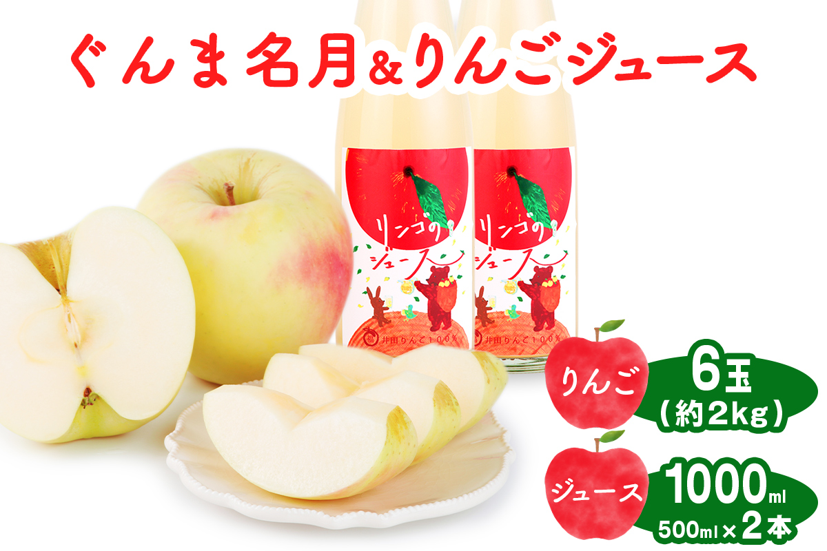 ぐんま名月 6玉(約2kg)＆りんごジュース2本セット 群馬県甘楽町産｜井田りんご園 林檎 リンゴ アップルジュース 果物 飲料 フルーツ 産地直送 果汁100% ギフト 群馬県産 甘楽町 先行予約 [0344]