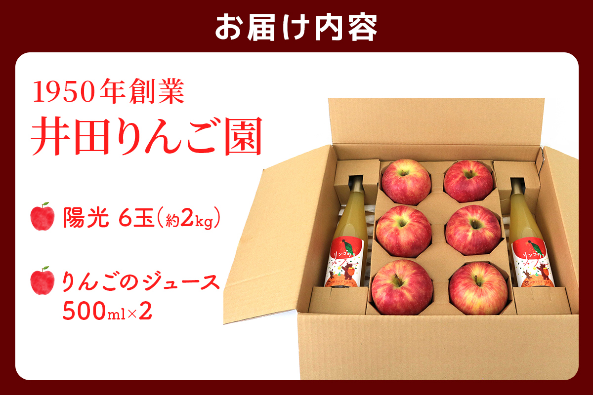 陽光 6玉(約2kg)＆りんごジュース2本セット 群馬県甘楽町産｜井田りんご園 林檎 リンゴ アップルジュース 果物 飲料 フルーツ 産地直送 果汁100% ギフト 群馬県産 甘楽町 先行予約 [0343]
