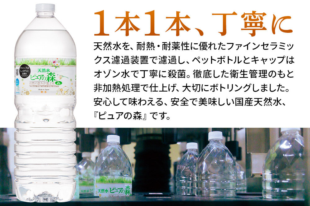 水 《定期便10ヶ月》国産 ミネラルウォーター ピュアの森 2L 6本×1箱 ラベルあり [ミネラルウォーター 国産 天然水 軟水 ペットボトル ラベルあり 非加熱 高性能ろ過 お料理に 無菌充填 2L 硝酸態窒素 亜硝酸態窒素 PFOS PFOA検査済み]