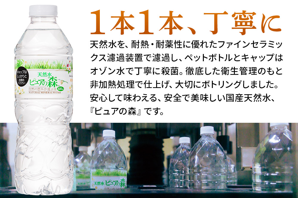 水 《定期便2ヶ月》国産 ミネラルウォーター ピュアの森 500ml 24本×2箱 計48本 天然水 軟水 ペットボトル ラベルあり