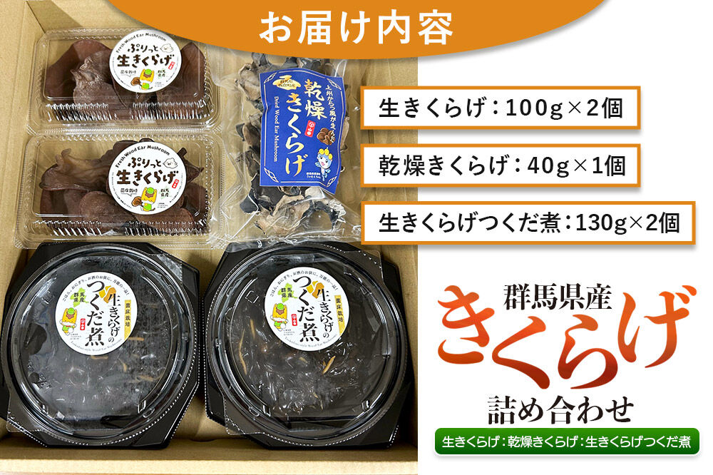 きくらげ 詰め合わせセット 群馬県産【生きくらげ 乾燥きくらげ つくだ煮】3種 計5個 [国産 きくらげ 生きくらげ 乾燥 きくらげ 生きくらげ佃煮 つくだ煮 詰め合わせ セット 群馬県 板倉町]