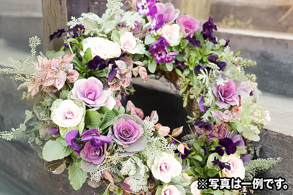 ハンギングリース　季節のアレンジ (暖色系) 直径約40cm【生花 ビオラ インテリア 玄関 バスケット 寄せ植え プレゼント 贈り物】