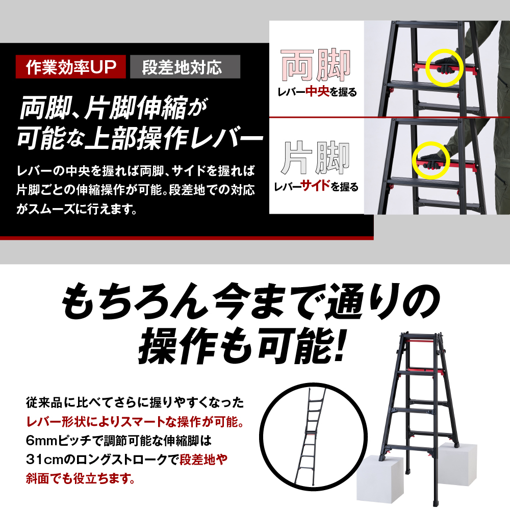シャガマン ブラック はしご兼用伸縮脚立(上部操作タイプ) RYR-12 ※沖縄・離島地域へのお届け不可