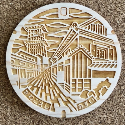 川越市のシンボル「時の鐘」と「蔵造りの町並み」のマンホール蓋のウッディマンホールコースター2個【1289454】