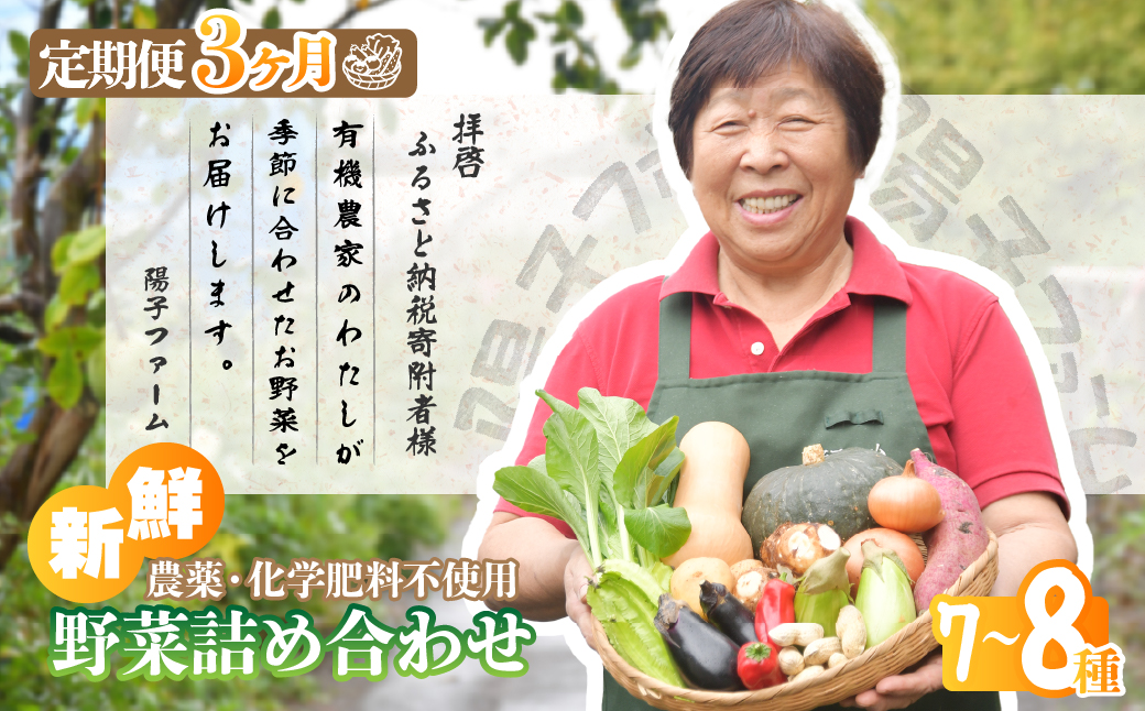 ＜3ヵ月定期便＞農業遺産認定農家 陽子ファームの旬の野菜詰め合わせ7種~8種 | 野菜 季節の野菜 旬の野菜 新鮮野菜 産地直送 有機 オーガニック 定期便 フレッシュ セット 詰め合わせ サラダ 料理 炒め物 煮物 スムージー 旬 おいしい 安全 安心 お取り寄せ ギフト おすすめ 世界農業遺産 埼玉県 所沢市