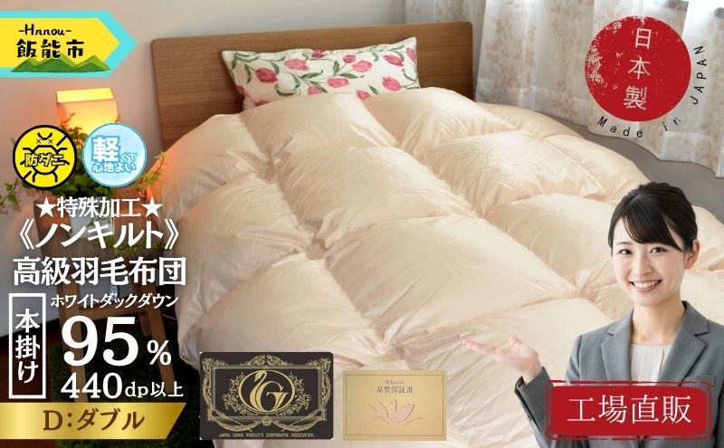 【工場直販】高級ノンキルト羽毛布団＜クリーンワッフル＞ホワイトダウン95% プレミアムゴールド＜ダブル/ミクロス側地/防ダニ/アレルゲン対策＞ HNNCG006