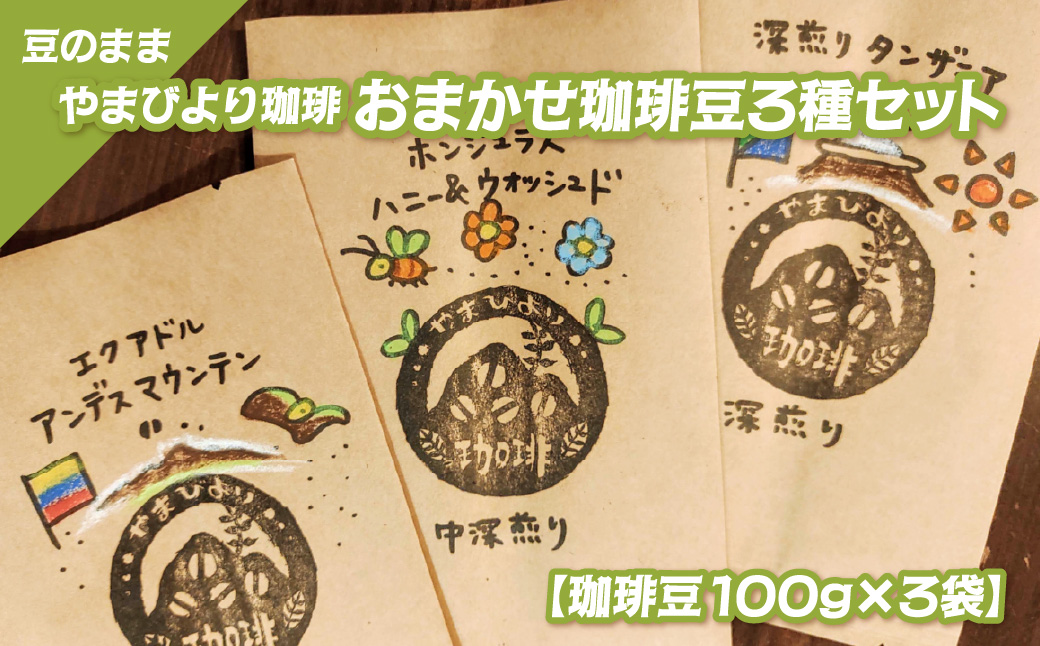 【豆のまま】やまびより珈琲 おまかせ珈琲豆3種セット【珈琲豆100g×3袋】  HNNAF006