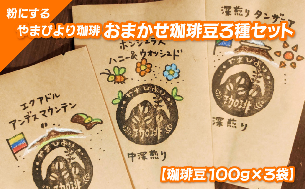 【粉にする】やまびより珈琲 おまかせ珈琲豆3種セット【珈琲豆100g×3袋】  HNNAF007
