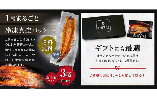 武州うなぎ 国産うなぎ蒲焼 3尾 お手頃サイズ 冷凍真空パック（約300g）【埼玉県 東松山市 母の日 鰻 父の日ウナギ 誕生日プレゼント 鰻の蒲焼き 特選品 美味しいお取り寄せ 贈り物 グルメ 旬 おすすめ 国産 大きいサイズ 選べる 家庭用 ギフト 冷凍真空パック レンジ 御歳暮 お歳暮 贈り物 土用の丑 お祝い 】
