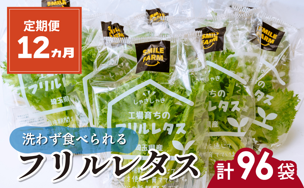 【定期便12ヶ月】 ＜洗わず食べられる・室内水耕栽培＞ フリルレタス 8袋(80～110g/袋)×12ヶ月 計96袋 | レタス 洗わずに食べられる 大容量 新鮮レタス オーガニック野菜 無農薬 野菜直送 フレッシュ サラダ用野菜 健康志向 こだわり フレッシュ 産地直送 食品ギフト セット 緑黄色野菜 新鮮 安心野菜 旬 低カロリー レタスボウル カロテン 定期便12ヶ月 埼玉県 東松山市