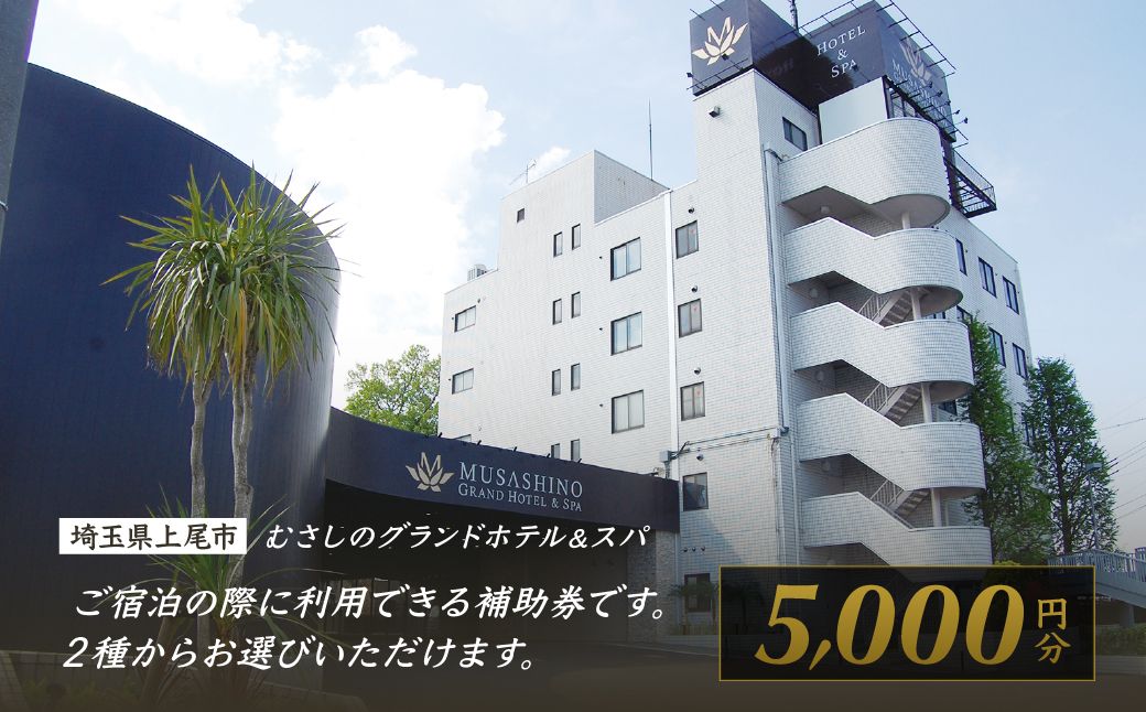 むさしのグランドホテル&スパ 宿泊チケット 5000円分 | ホテル 宿泊券 宿泊チケット グランドホテル 朝食 ビュッフェ 宿泊 宿 温泉 旅行 癒し 源泉かけ流し スパ サウナ 埼玉県 上尾市