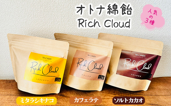 オトナ綿飴Rich Cloud人気の三種セット ／ わたあめ わたがし 綿あめ 綿菓子 スイーツ デザート おやつ ほどける口溶け 新食感 ミタラシキナコ ソルトカカオ カフェラテ 埼玉県 No.133