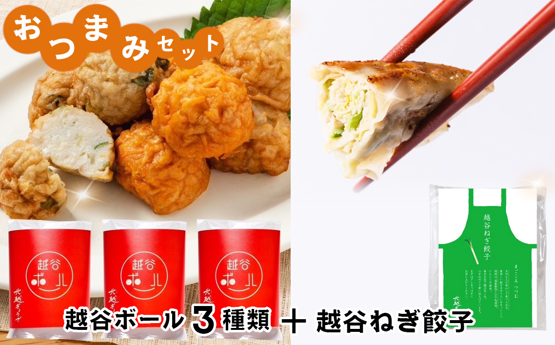 おつまみセット（越谷ボール3種類、越谷ねぎ餃子20個） ／ 惣菜 おかず おつまみ ツマミ さつま揚げ 冷凍 手軽 時短 おいしい たこ焼き風 越谷ねぎ たまねぎ にんじん ぎょうざ ギョウザ ジューシー 中華 中華惣菜 セット 食べ比べ 埼玉県 No.246