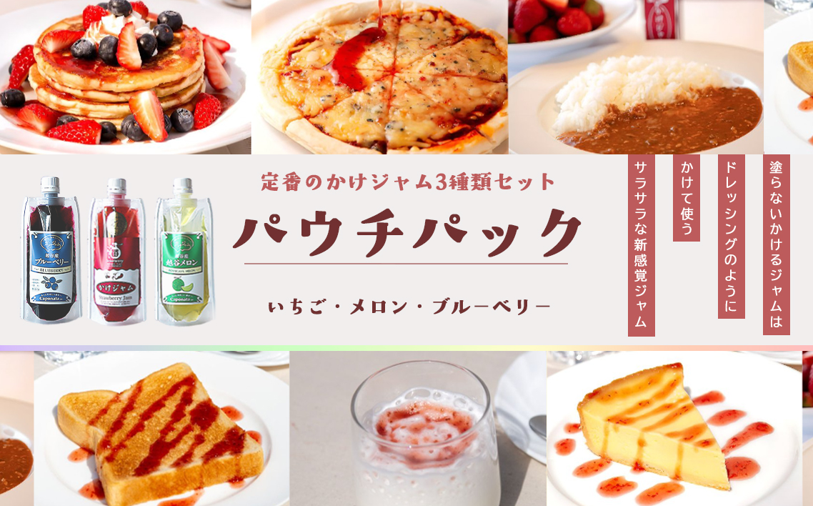 定番のかけジャムパウチパック3種類セット ／ 掛けるジャム 新感覚 いちごジャム メロンジャム ブルーベリージャム 携帯 エコ容器 埼玉県 No.245