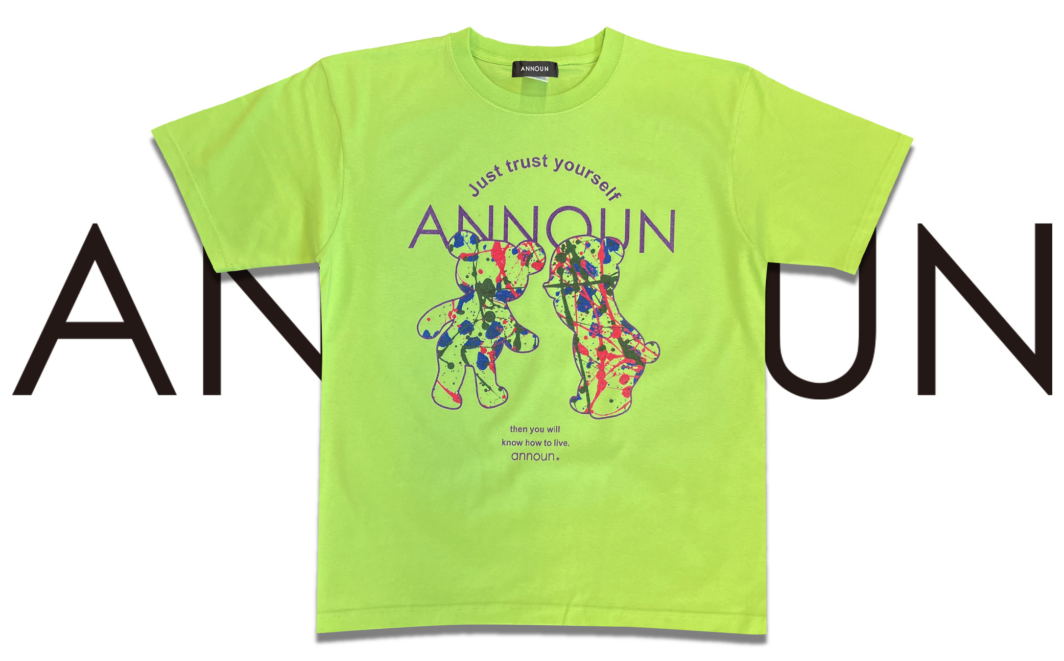 ［ANNOUN］Painting Colorful Bear Ｔシャツ | 服 黄緑 アパレルブランド 絵画 アート コラボレーション アンノウン 福祉 就労支援 就労継続支援B型事業所 アトリエ・アンノウン 埼玉県 越谷市
