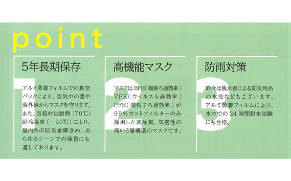 災害時長期備蓄用　不織布3層マスク 12枚入　20袋 | 防災用品 防災用備蓄 長期保存 真空パック 脱炭素材 シリカゲル 封入 品質保持 耐冷 耐水 埼玉県 越谷市