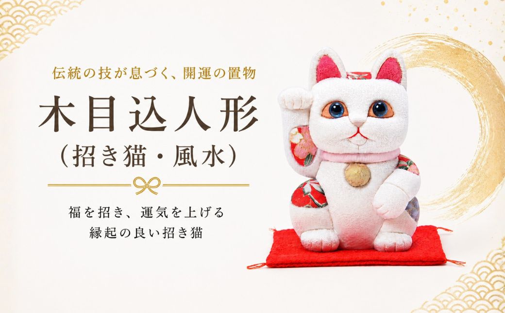 木目込人形（招き猫・風水（中）白） | まねきねこ 猫 飾り物 人形 置物 ちりめん 伝統工芸 縁起 開運招福 千客万来 商売繁盛 金運 インテリア プレゼント 雑貨 可愛い 柿沼東光 クールジャパン The Wonder 500 埼玉県 越谷市