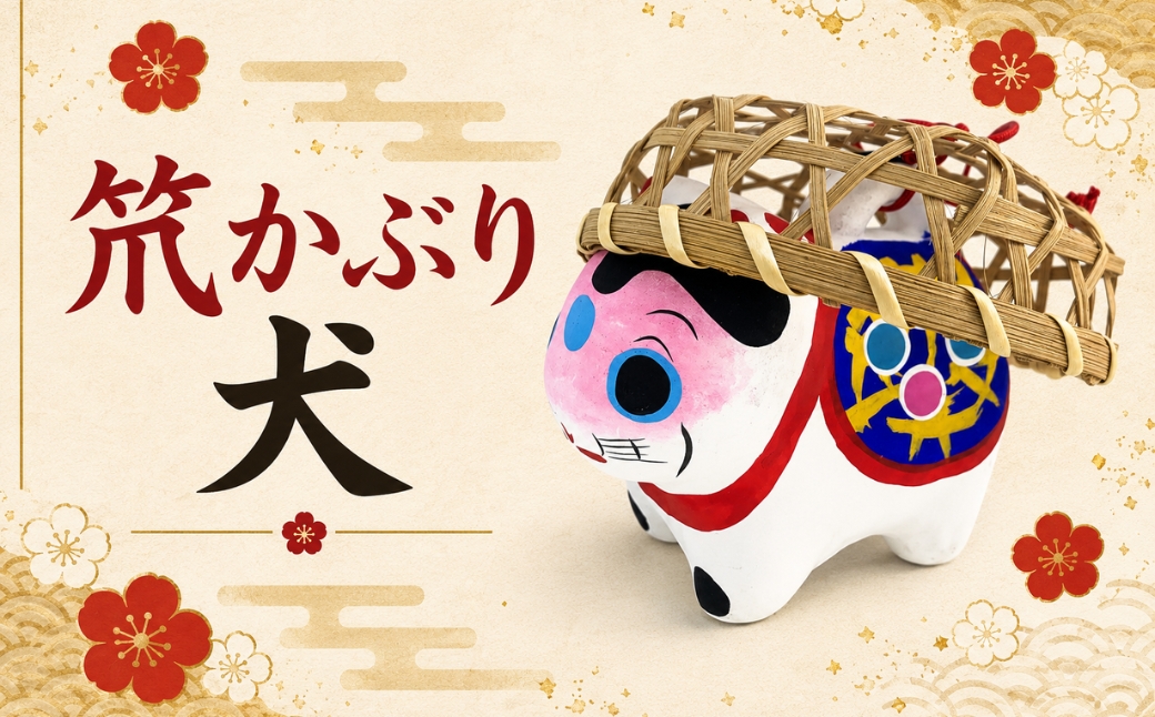犬張り子（中）　B：ざるかぶり犬張り子 | 犬 いぬ 張り子 竹ザル 雑貨 和雑貨 和小物 伝統 民芸品 工芸品 埼玉県 越谷市