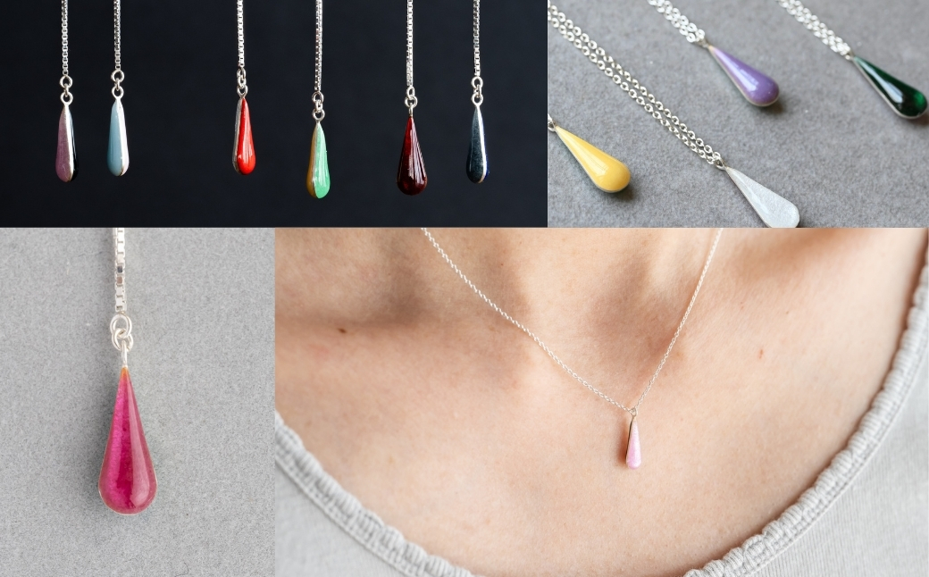 ネックレス しずく レッド×クリア 七宝 | ネックレス 雫 モチーフ しずく型 ポイント アクセ レッド クリア アクセサリー 七宝 七宝焼き ジュエリー 上品 レディース 装飾 クリスマス 入学祝い 結婚記念日 記念日 お祝い 誕生日 ギフト 作家 作品 手づくり Kenichi Kondo 埼玉県 北本市