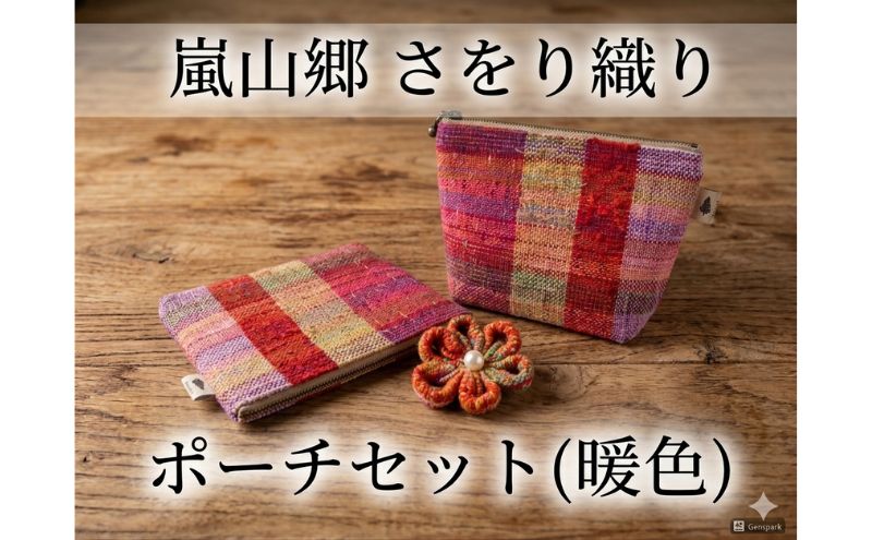 さをり織り ポーチセット マチあり＆フラット 花ブローチ付（暖色） 手織り生地 雑貨 ハンドメイド 手作り