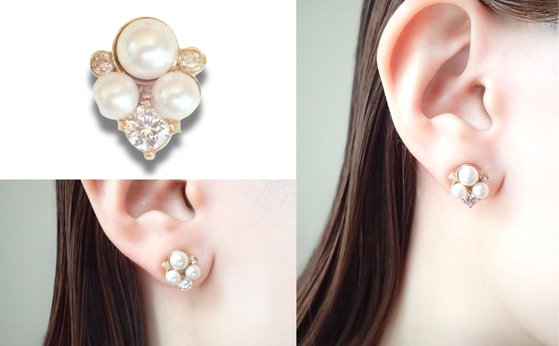 金属アレルギー対応　マグネット式　ノンホールピアス　S-パール×クリスタルGL　金属アレルギー対応　かぶれない　ピアス　シリコン　ノアーレ