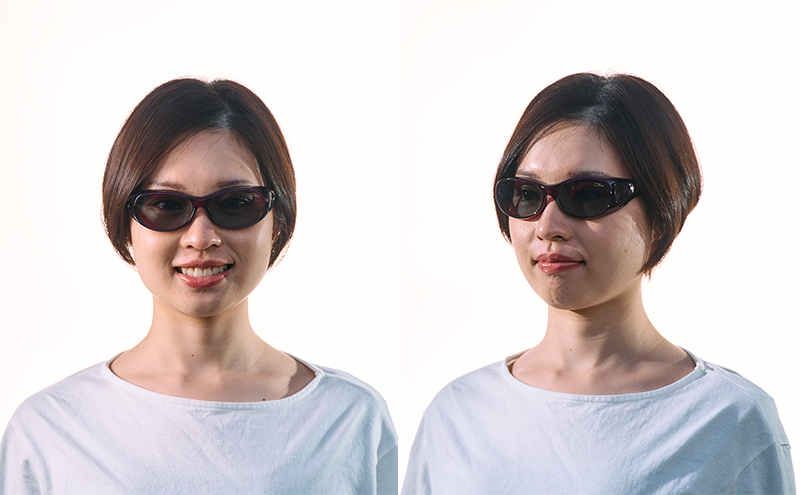 メガネの上から掛けられるサングラス オーバーグラス「Otani（オータニ）」柔らかい曲線のオーバルデザイン、小窓の側面で視野と明るさを確保、小ぶりなサイズ感のレディースモデル。「薫風（くんぷう）」(1)ダークレッド／ペールブラウン