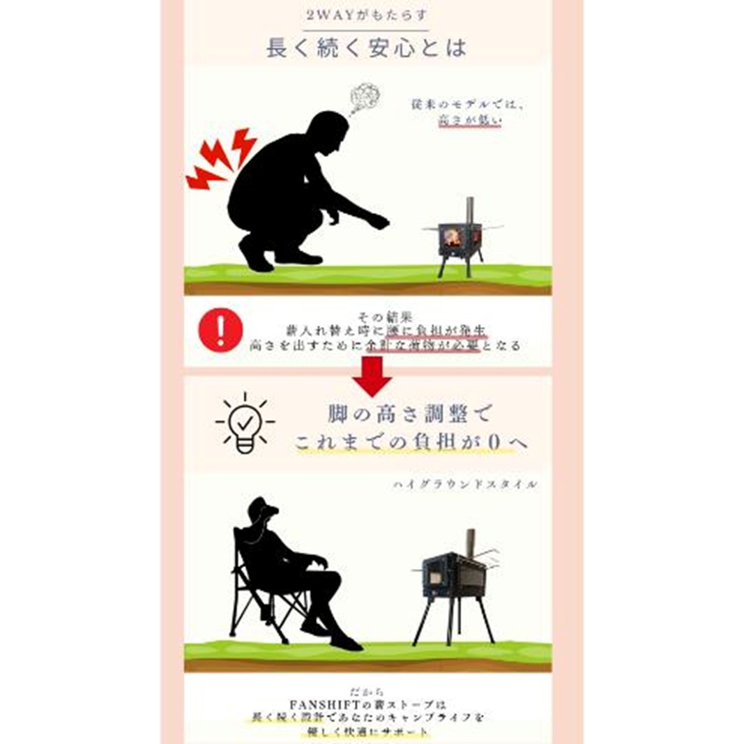 薪ストーブ キャンプ アウトドア キャンプストーブ まきストーブ FANshift (ファンシフト) 2面ガラス 調理可能 耐熱ガラス 焚き火台 暖炉 高脚調整 折りたたみ