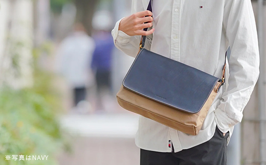 牛革かぶせ×帆布 横型ショルダーバッグ　ブラウン　【12203-0375-2】