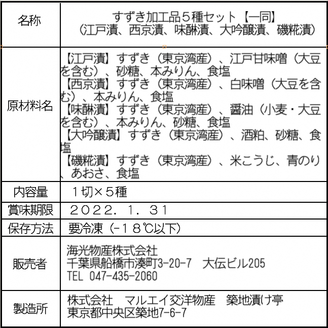 傳左衛門と閻魔堂 至極の逸品 江戸前鱸 漬魚道中記 「一同」（江戸漬・西京漬・味醂漬・大吟醸漬・磯糀漬 各1枚／計5枚入り）(G31)