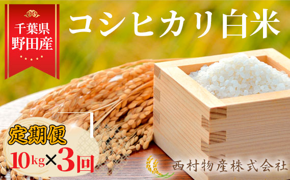 【3カ月連続定期便】野田産コシヒカリ白米10kg×3回 No.366