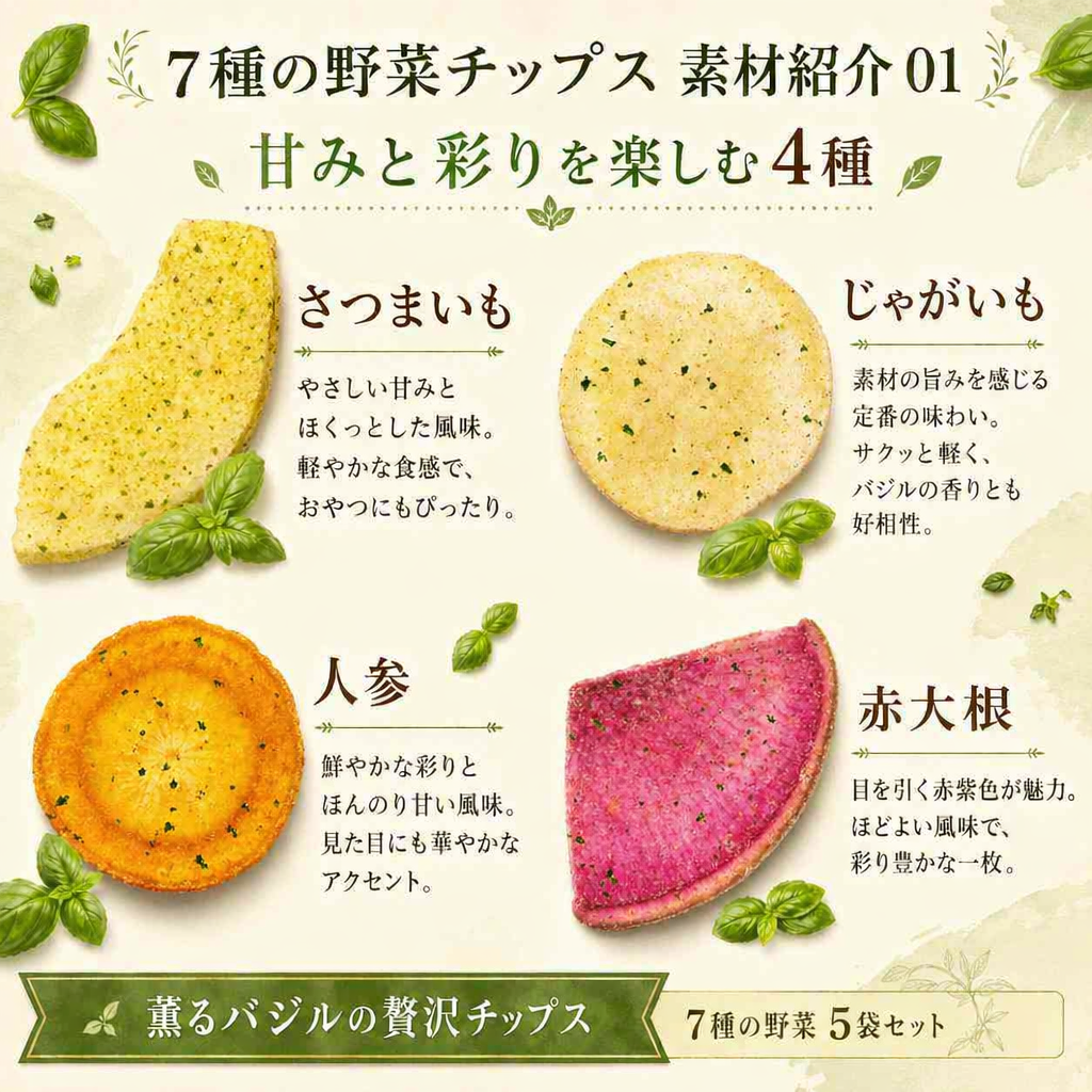 薫るバジルの贅沢チップス　7種の野菜5袋セット No.389