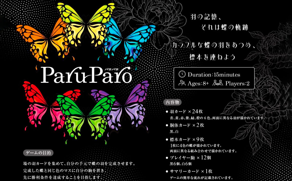 ParuParo　×1箱 ／ カードゲーム ボードゲーム テーブルゲーム ファミリーゲーム パーティーゲーム 蝶 モチーフ カラフル デザインゲーム 戦略ゲーム セットコレクションゲーム 2人～4人 プレゼント おしゃれゲーム インテリア性 ゲーム初心者向け ルール簡単 運と戦略 千葉県 No.390