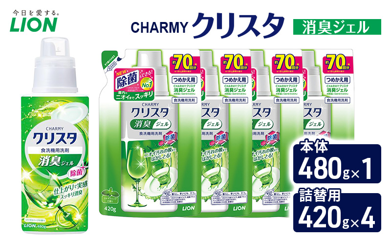 ＣＨＡＲＭＹクリスタ　消臭ジェル　本体480g×１ つめかえ用420g×4　食洗機専用洗剤 ライオン セット 日用品 消耗品 食洗器 食器洗い ジェル 除菌 消臭 本体 詰替え