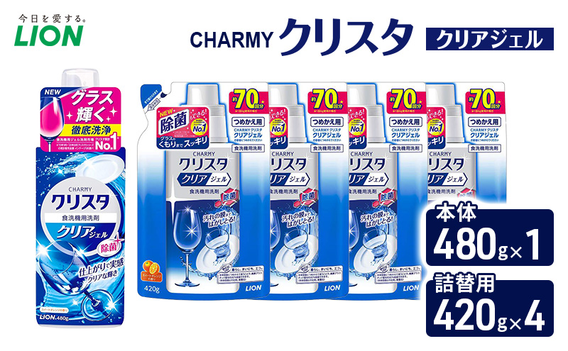ＣＨＡＲＭＹクリスタ　クリアジェル　本体480g×１ つめかえ用420g×4　食洗機専用洗剤 ライオン セット 日用品 消耗品 食洗器 食器洗い ジェル 除菌 本体 詰替え