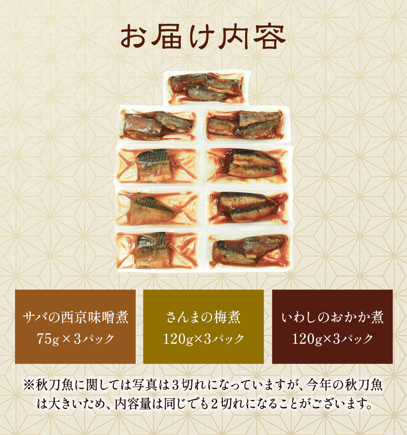 賛否両論 笠原さんの 骨までやわらか 煮魚 セット サバの西京味噌煮 75g×3 さんまの梅煮 120g×3 いわしのおかか煮 120g×3 株式会社風土食房《30日以内に出荷予定(土日祝除く)》千葉県 我孫子市 サバ さんま いわし おつまみ お弁当 ごはんのおかず 煮魚