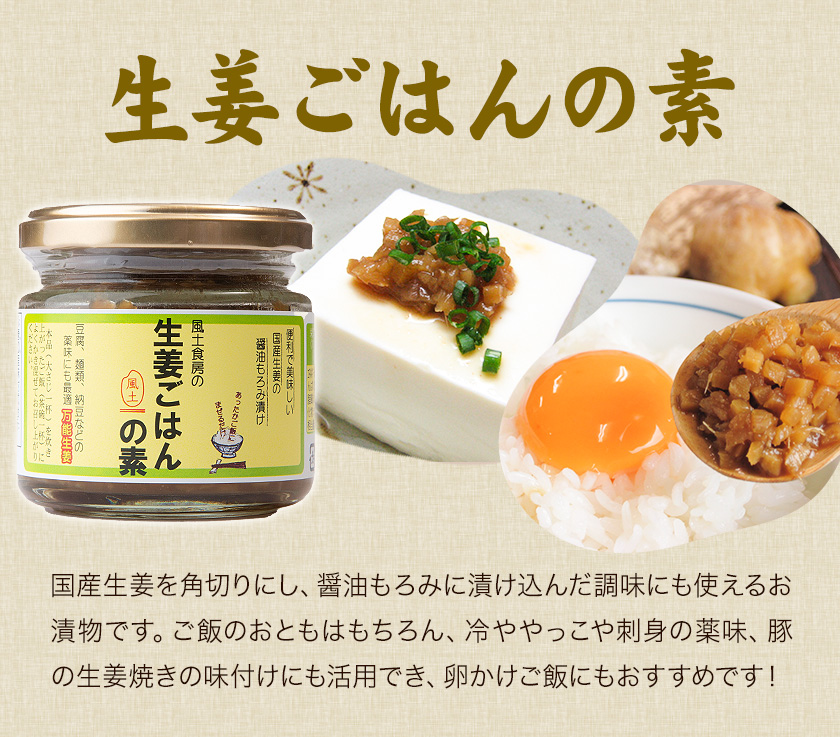 ご飯のお供 3種 セット 生姜ごはんの素 100g × 2 肉みそ生姜 130g × 2 豚ねぎ味噌 130g × 2 株式会社風土食房《30日以内に出荷予定(土日祝除く)》千葉県 我孫子市 国産 ショウガ 肉みそ 味噌 ピリ辛 コク旨 にんにく ネギ味噌 ごはん おにぎり おかず