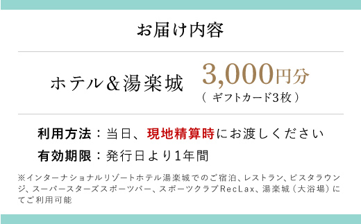 ホテル＆湯楽城　ギフトカード3枚（3000円分）TMI001 / 湯楽城 ホテル ギフト カード 宿泊 宿泊券 チケット 宿泊チケット 温泉 温泉チケット ギフトカード リゾートギフト レストラン ラウンジ スポーツバー スポーツクラブ 千葉県 富里市