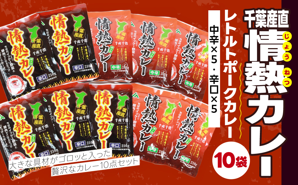千葉産直情熱カレー10袋セット(中辛5個・辛口5個）レトルトポークカレー TMF007 / レトルトポークカレー カレー かれー curry ポークカレー レトルト レトルトポークカレー 10袋 セット 贅沢 ボリューム 地産地消 JA富里 農協 ちば 千葉県産とみさと 富里 富里市