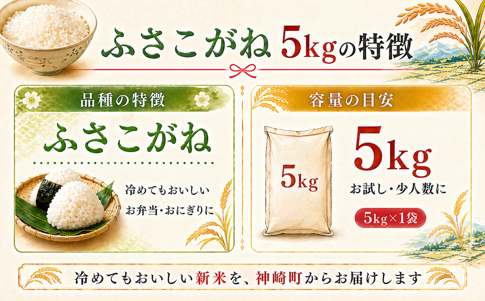 【ふるさと納税】【令和8年産 新米先行予約】米 5kg 千葉県神崎町産 ふさこがね 白米 早場米 冷めてもおいしい お弁当 おにぎり お試し 少人数 [025-a014]